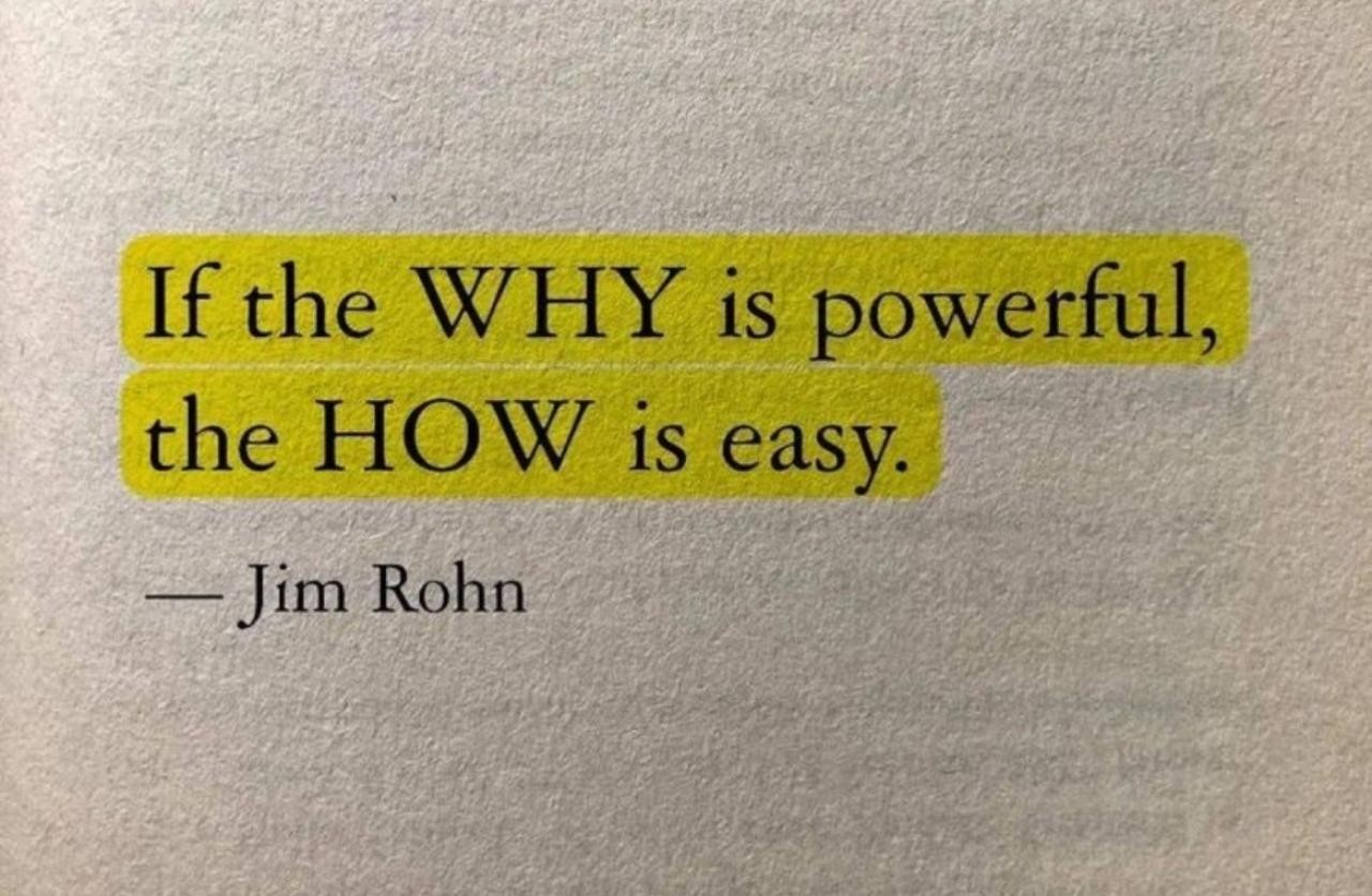 Quote card: a line attributed to Jim Rohn, highlighted in yellow, on how a strong enough reason makes the method easy.