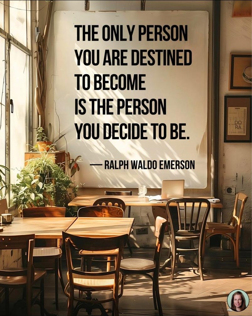 Picture by Dora Vanourek: a saying attributed to Ralph Waldo Emerson about choosing who you become, shown on a café wall.