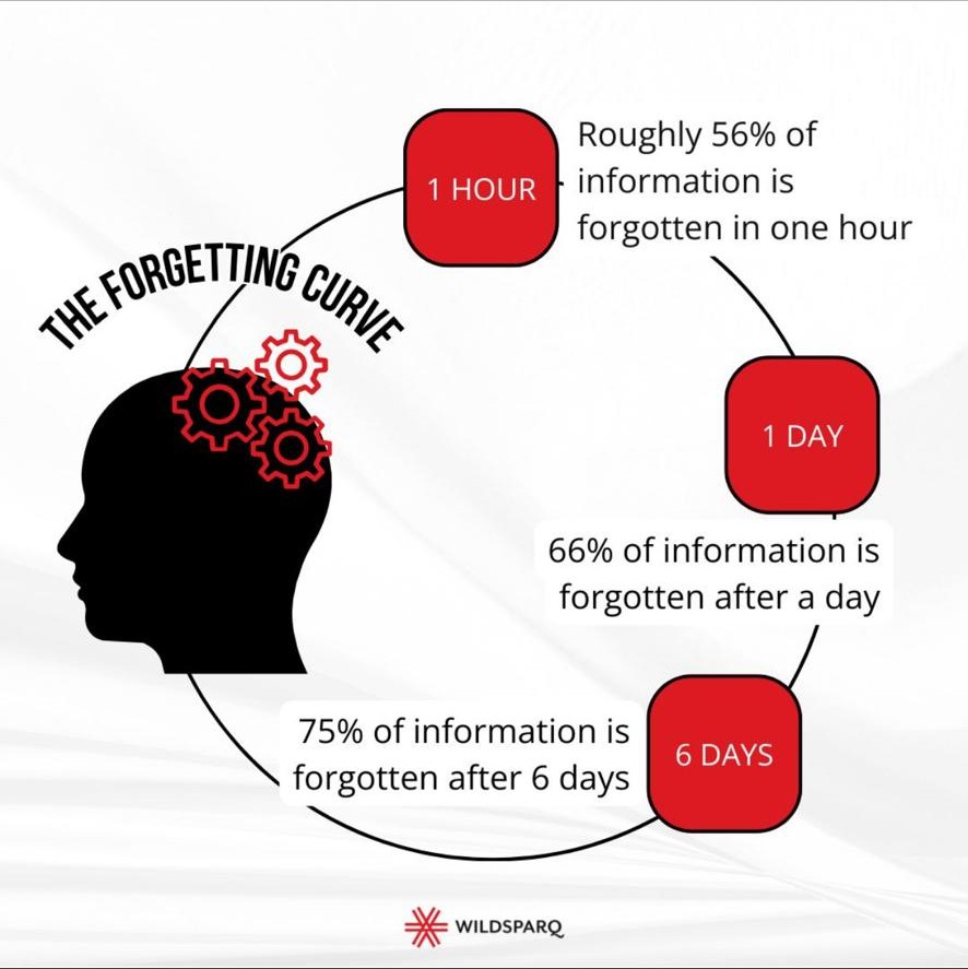 Infographic by Wildsparq: the forgetting curve, with about 56% of information gone within an hour, 66% within a day and 75% within six days.