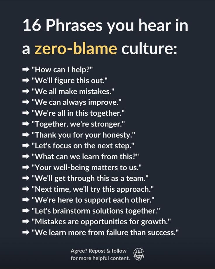Infographic by Mido Atef: 16 supportive phrases heard in a zero-blame culture, the same ones listed in the text below.