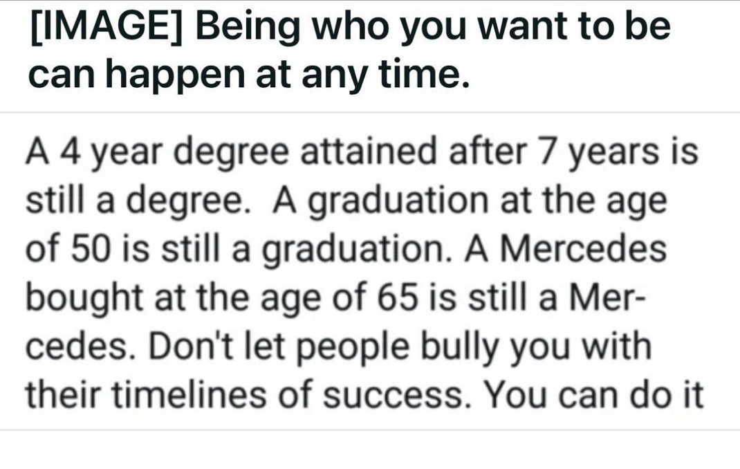 Text card shared by Sahil Bloom: a text card on becoming who you want to be at any age, rejecting other people’s timelines for success.